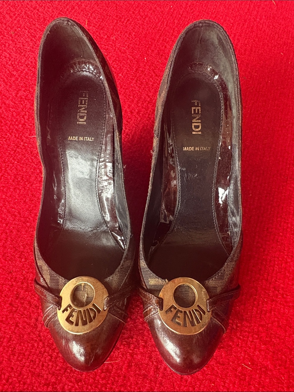 Fendi Brown Leather Logo Circle Toe Pumps